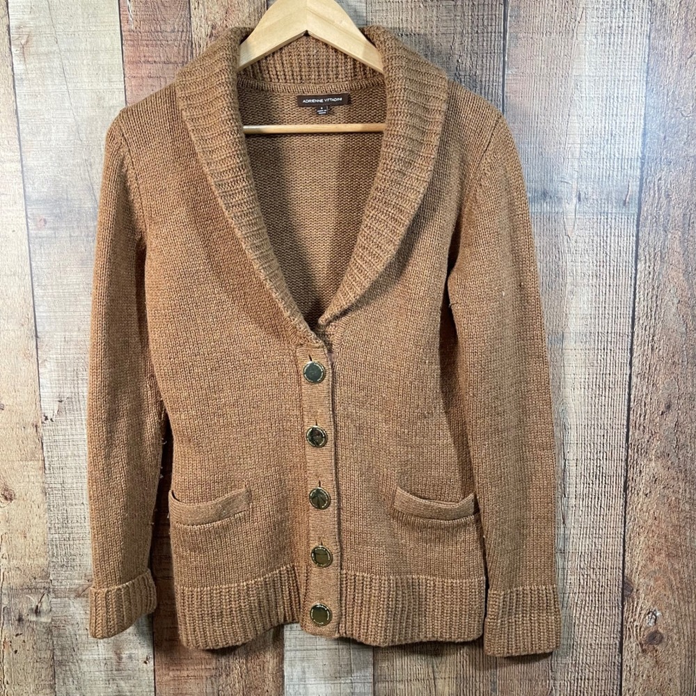 Adrienne Vittadini Brown Wool Blend Shawl Collar Grandpa Cardigan Sweater Small